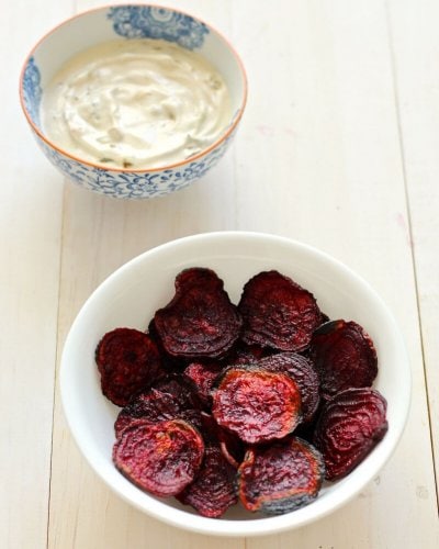 Beet Chips with Homemade French Onion Dip