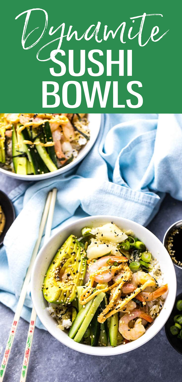 These Shrimp Dynamite Sushi Bowls with pickled ginger are a healthy 20-minute dinner idea that's a play on your favourite sushi roll. #dynamiteshrimp #sushibowls