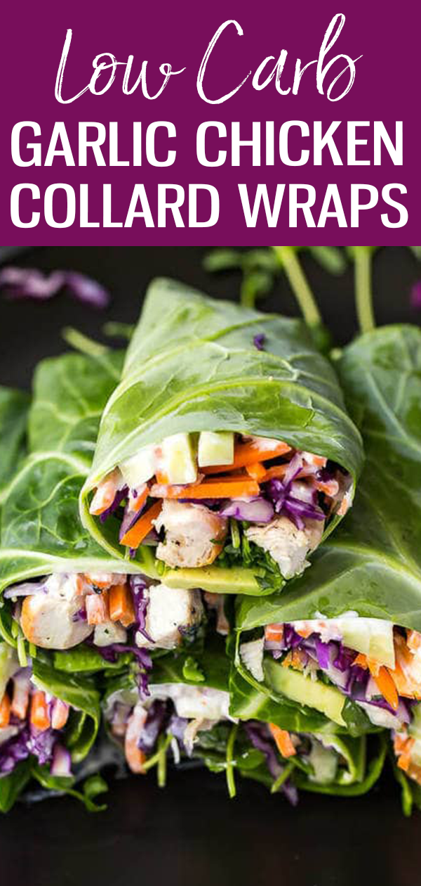 These Low Carb Garlic Chicken Collard Wraps are a healthy lunch idea with veggies, avocado and a homemade vegan garlic sauce! #lowcarb #collardwraps