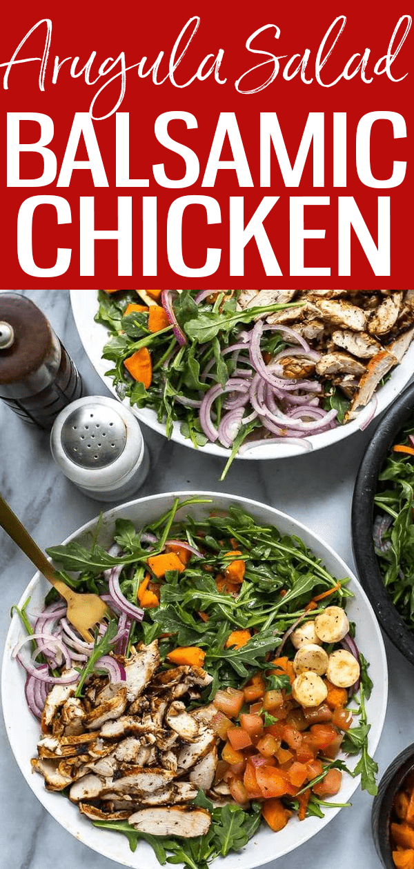 This Balsamic Grilled Chicken and Arugula Salad is low carb with balsamic dressing, which doubles as a marinade - it's a 30 minute dinner! #arugulasalad #balsamicchicken