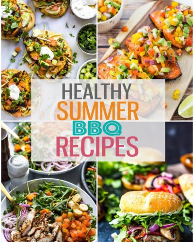 A collage of four different recipes with the text "Healthy Summer BBQ Recipes" layered over top.