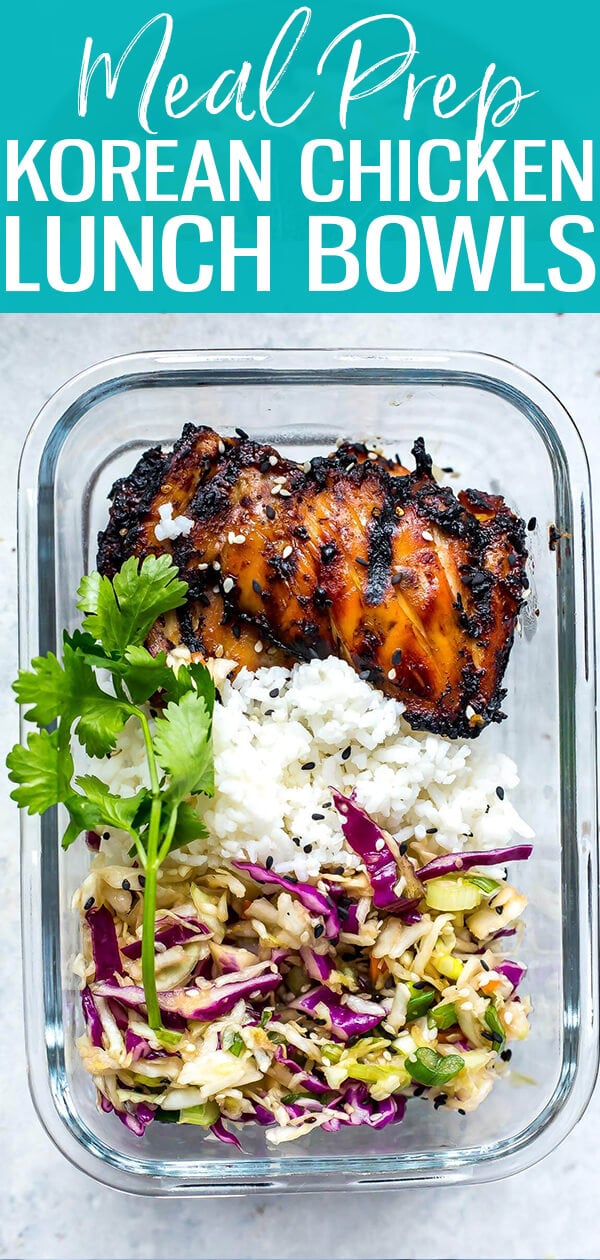 These Korean Chicken Meal Prep Bowls are a healthy make ahead lunch idea made up of chicken thighs, Asian coleslaw and jasmine rice! #mealprep #lunches #mealplan