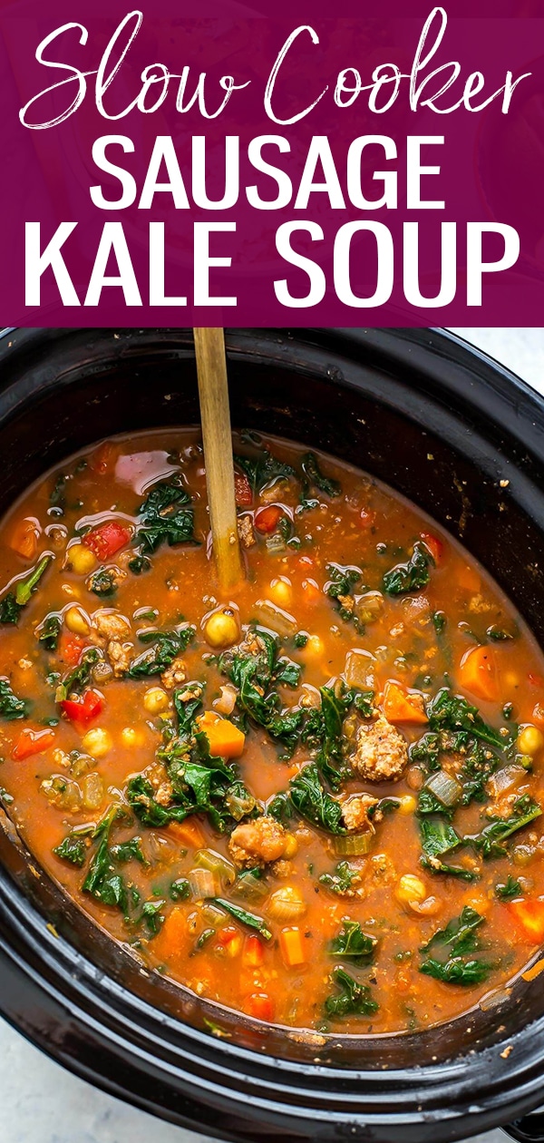 This Slow Cooker Tuscan Sausage and Kale Soup is a hearty, veggie-filled comfort food option for cold days - just dump it all in the crockpot then set it and forget it! #slowcooker #sausagekalesoup