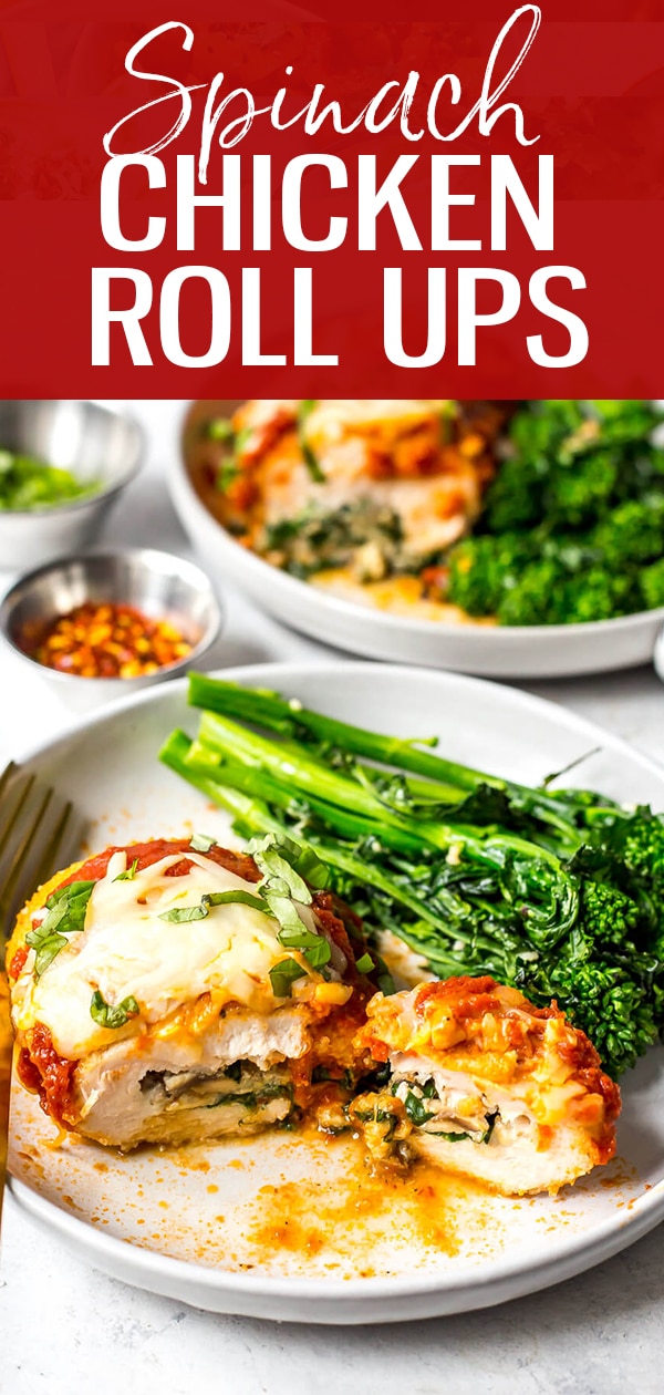 Say hello to one of the most delicious baked stuffed chicken breast recipes! These Easy Spinach Stuffed Chicken Roll Ups are filled with ricotta, mushrooms, sundried tomatoes and mozzarella cheese, then topped with breadcrumbs and marinara sauce - they are the perfect chicken dinner! #chickenrollups #stuffedchicken