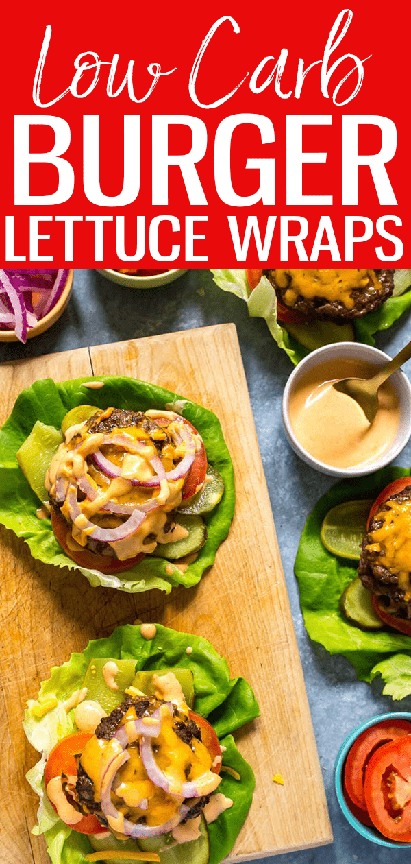 These Low Carb Burger Lettuce Wraps are made with double-stacked patties sandwiched between layers of shredded cheddar cheese and special sauce! #lettucewraps #lowcarb #burgers
