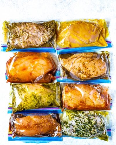 8 different Chicken breasts in a variety of Marinades, pictured in ziploc bags.