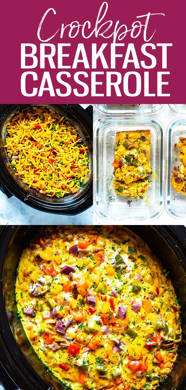This Crockpot Breakfast Casserole is a delicious make-ahead breakfast option for meal prep or for big family gatherings. Dump frozen hash browns, bacon, eggs and veggies in the slow cooker - it's so easy! #crockpot #breakfast #casserole