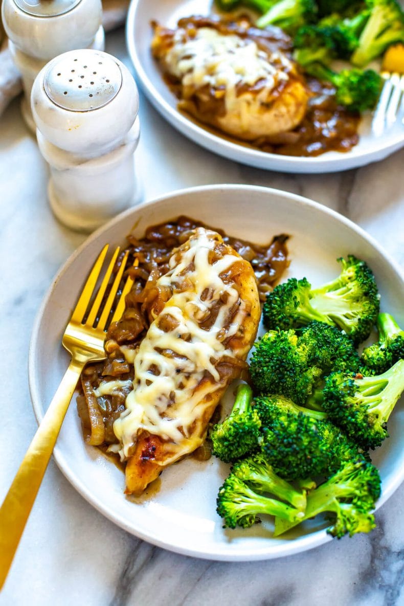 plated French onion soup chicken dinner