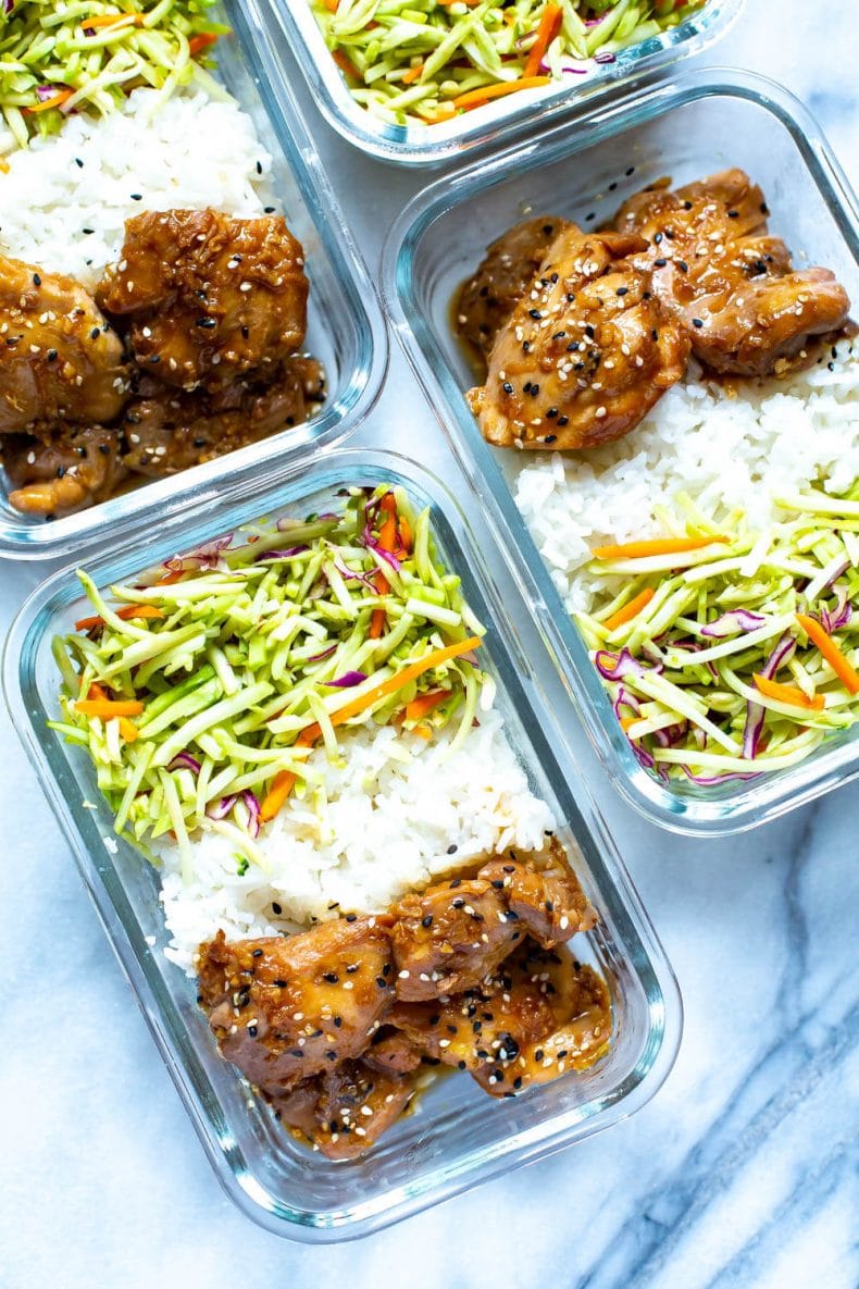 Garlic Sesame Instant Pot Chicken Thighs in meal prep containers