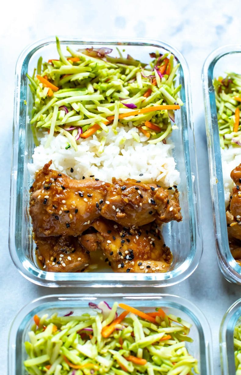 meal prep container with garlic sesame chicken dinner
