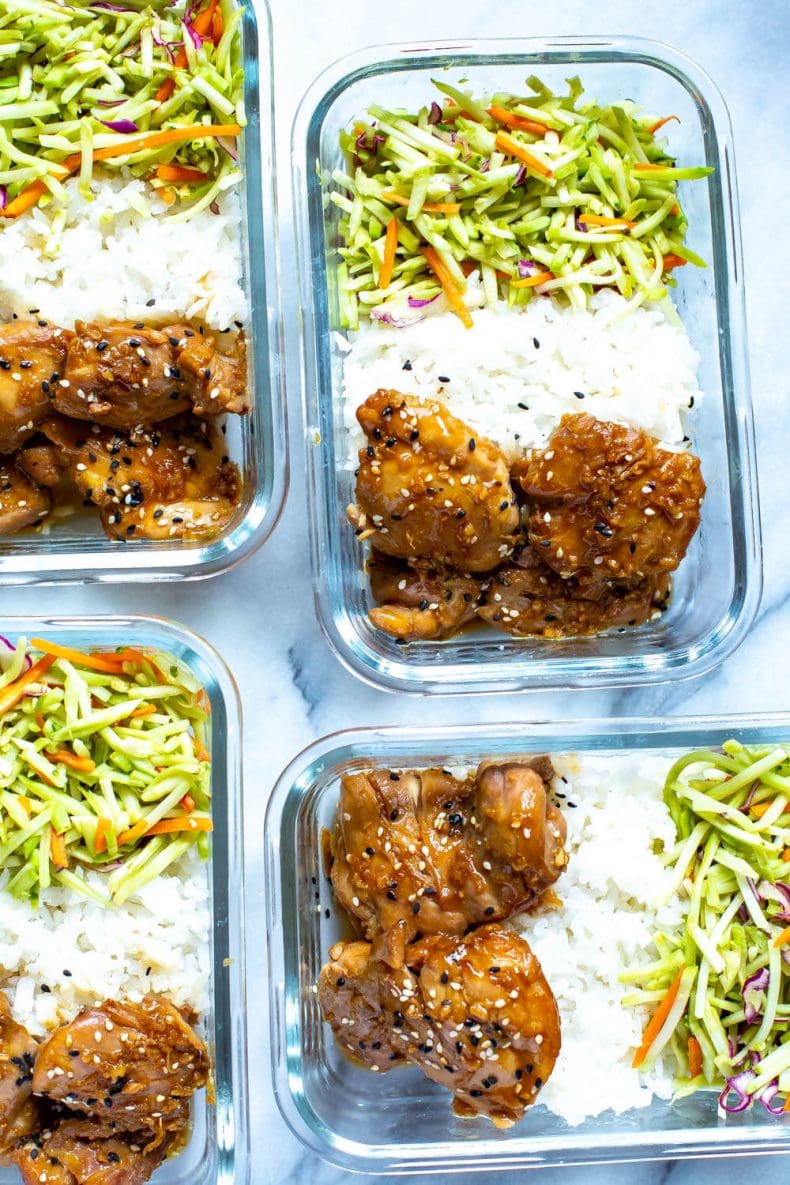 Garlic and Sesame Instant Pot Chicken Thighs dinner in meal prep containers