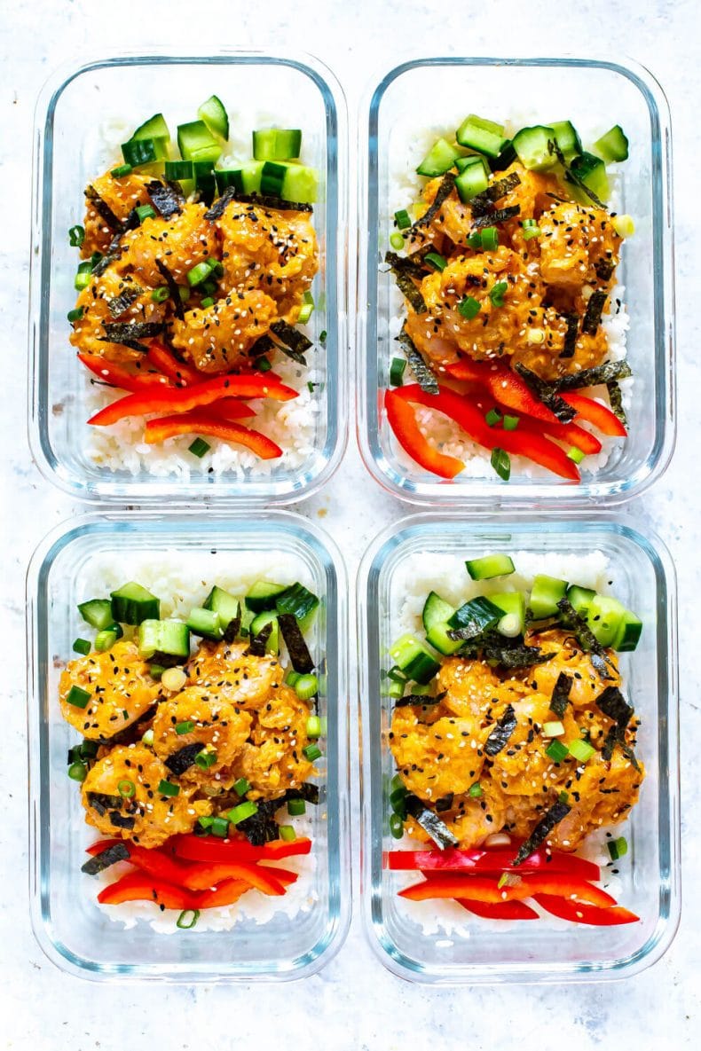 Dynamite Shrimp rice bowls in meal prep containers