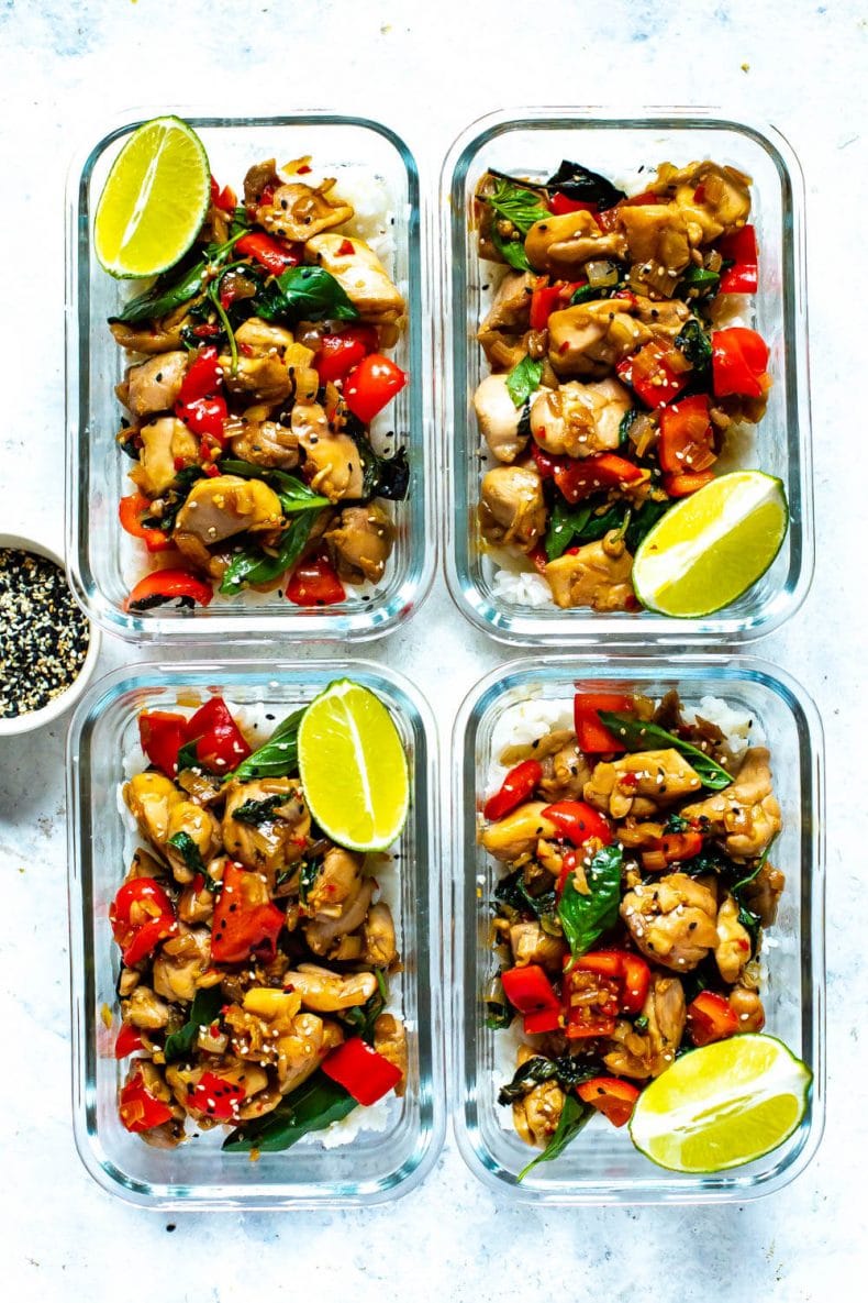 Thai Basil Chicken in meal prep containers
