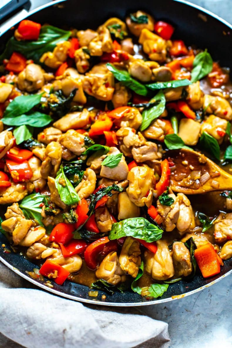 large skillet pan of Meal Prep Thai Basil Chicken