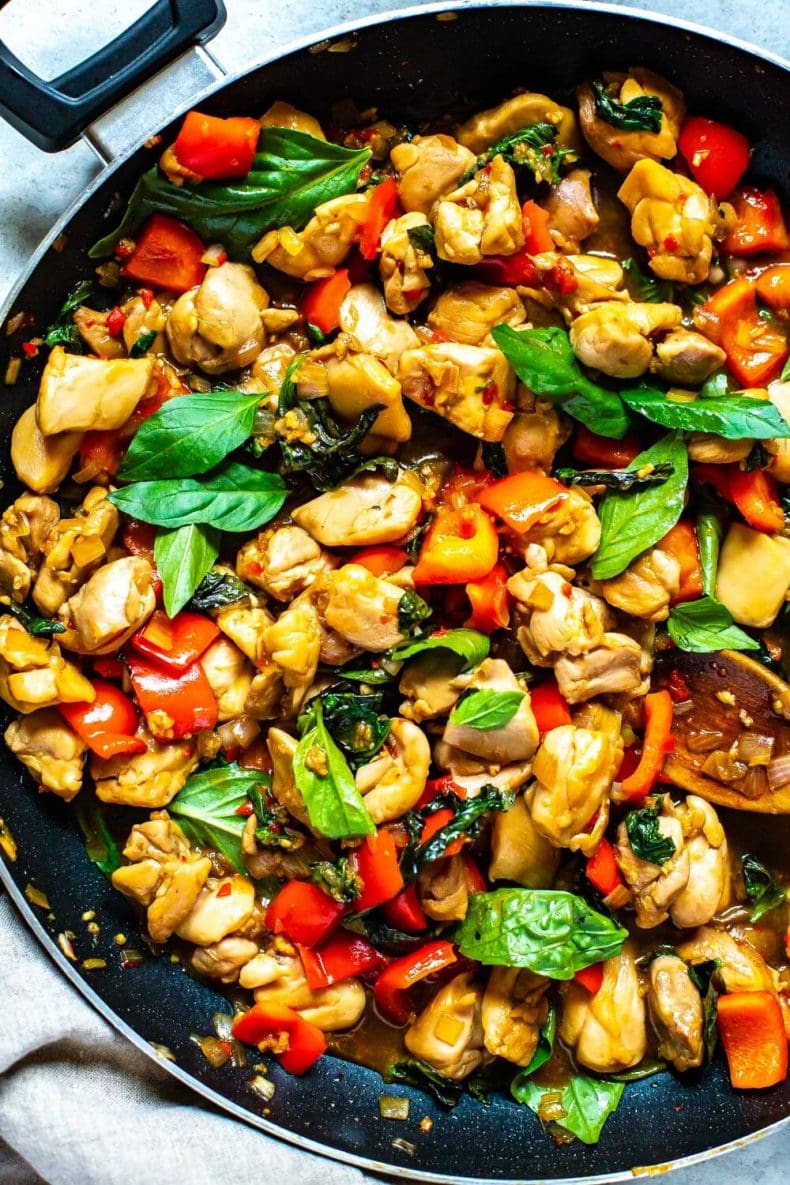 Meal Prep Thai Basil Chicken in a skillet pan