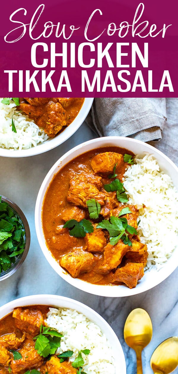 Slow Cooker Chicken Tikka Masala is a delicious, healthy way to enjoy Indian cuisine, and it cooks all day on low so you can enjoy a tasty curry after a long day without all the legwork! #slowcooker #tikkamasala