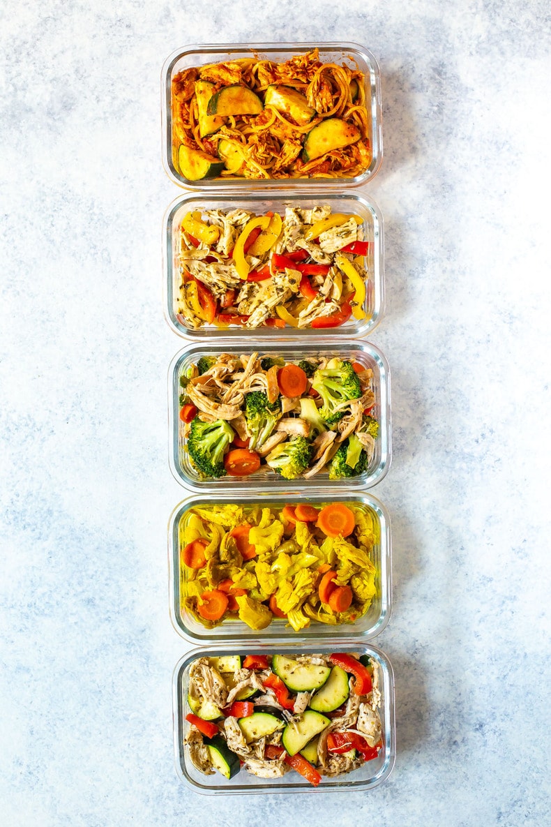 Crockpot Chicken Recipes 5 Ways; full cooked meals lined up in a row in meal prep containers