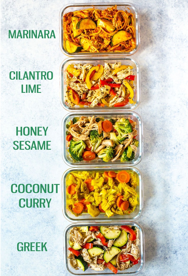 5 different Healthy Crockpot Chicken Recipes in meal prep containers