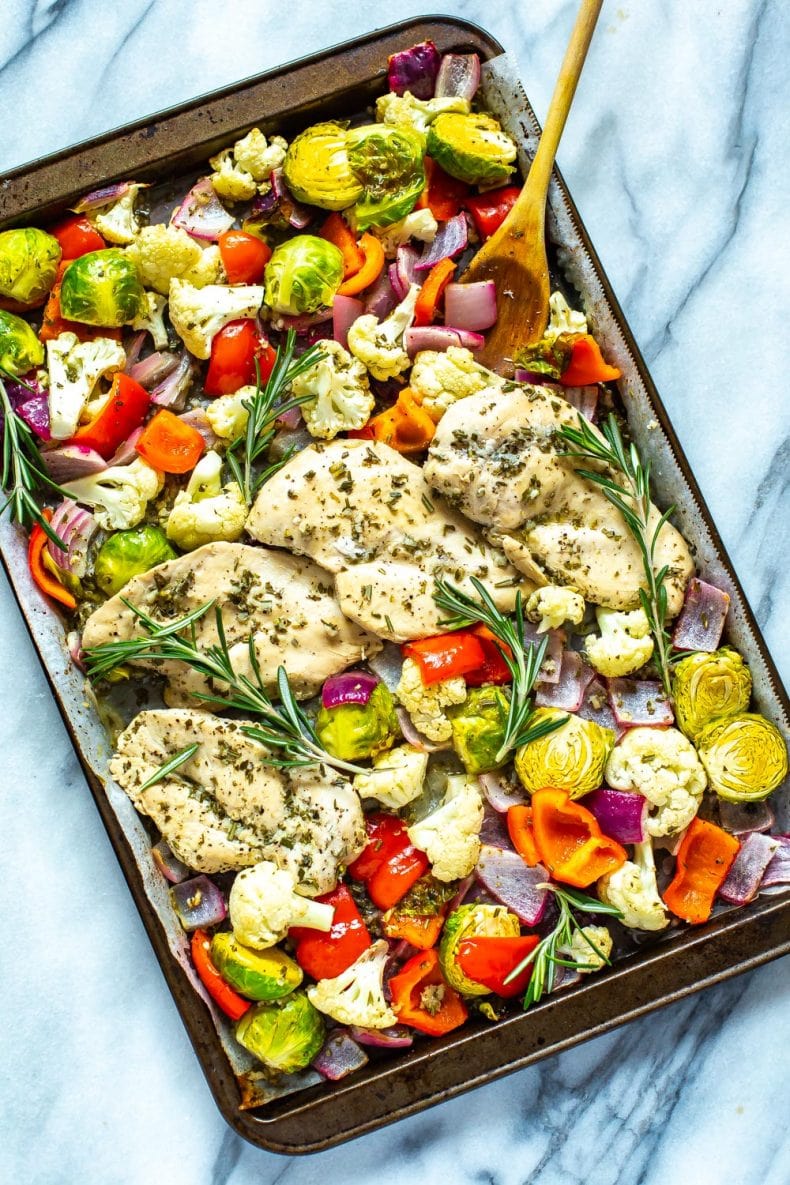 low carb chicken dinner on a sheet pan