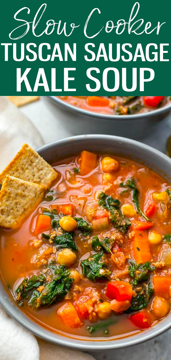 This Slow Cooker Tuscan Sausage and Kale Soup is a hearty, veggie-filled comfort food option for cold days - just dump it all in the crockpot then set it and forget it!  #kalesoup #tuscansausage #slowcooker
