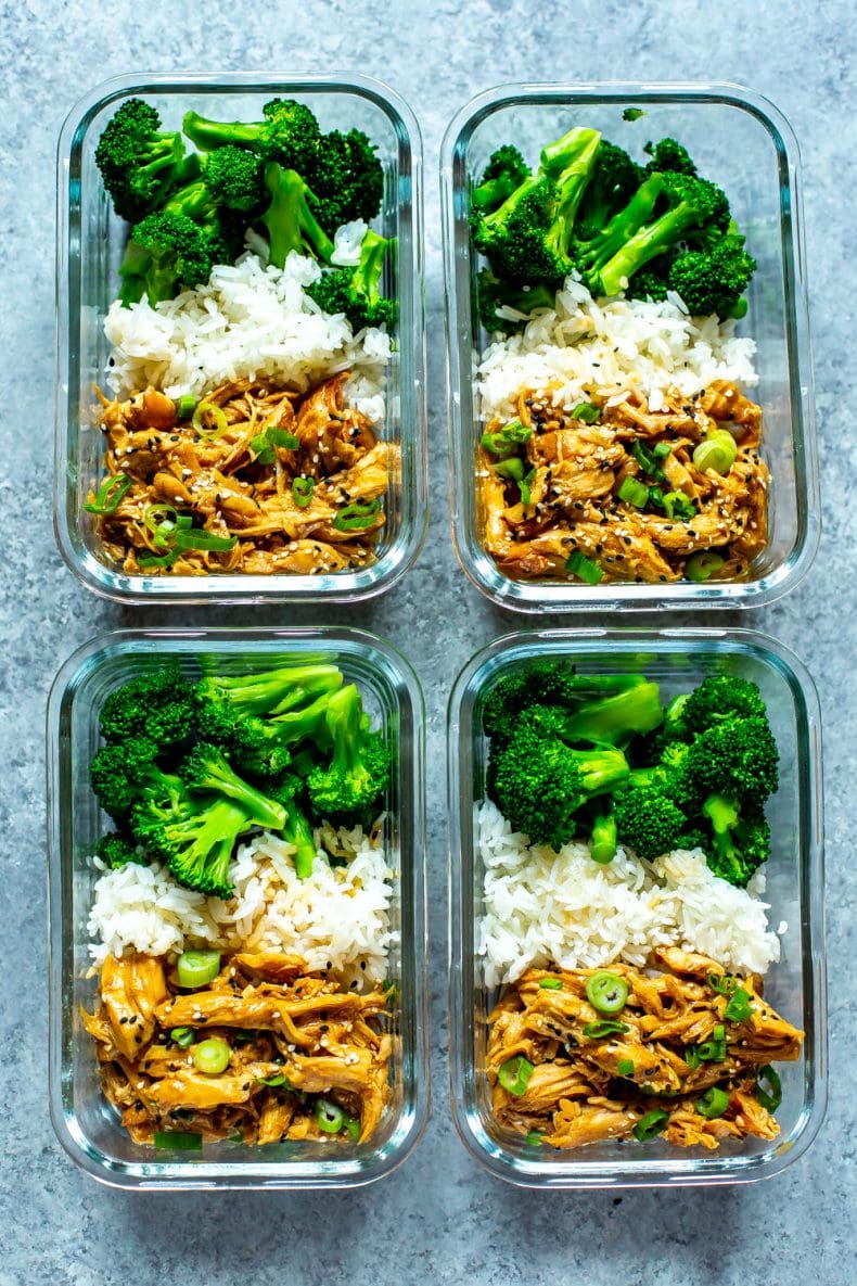 slow cooker Chicken Teriyaki in 4 meal prep containers