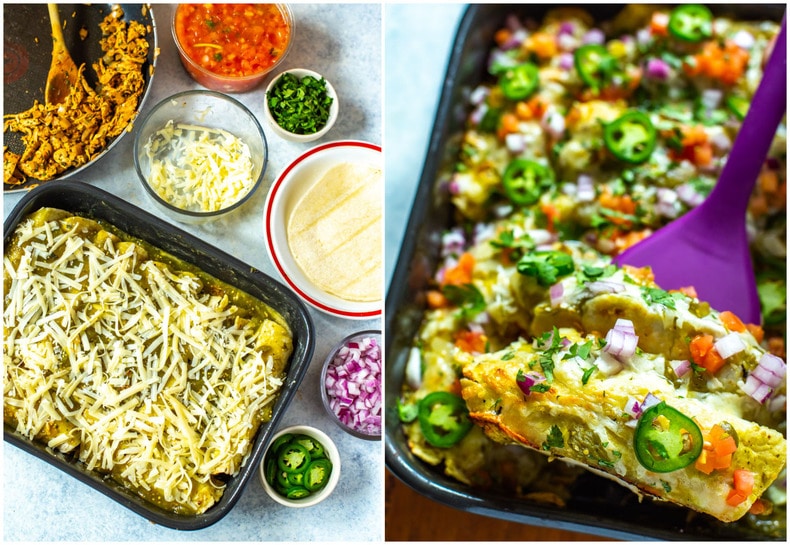 photo collage shows assembling enchiladas and baked enchiladas verdes
