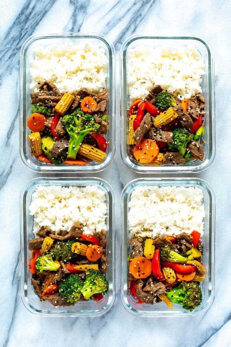 4 make-ahead Beef Stir Fry dinners in glass storage containers