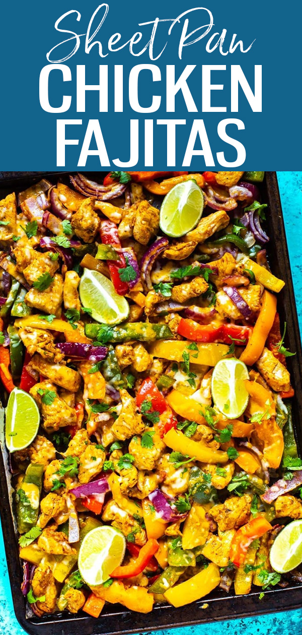 These Sheet Pan Chicken Fajitas are a quick and easy way to enjoy your Tex Mex favourite. Everything’s made on one pan in just 30 minutes!  #sheetpanfajitas #chickenfajitas