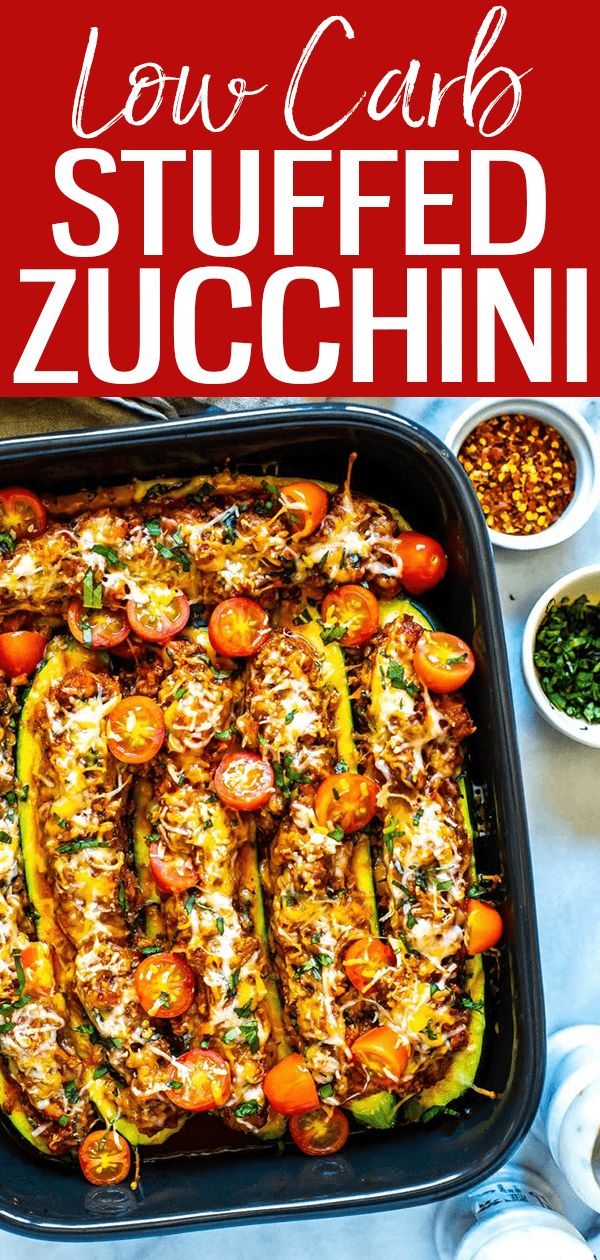 These BEST EVER Italian Stuffed Zucchini Boats are filled with bolognese sauce and mozzarella cheese – they're a healthy, low carb dish! #zucchiniboats #lowcarb