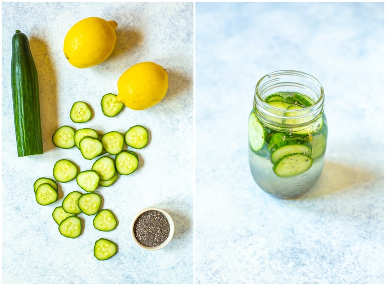 cucumber slices and lemons next to glass of cucumber lemon water