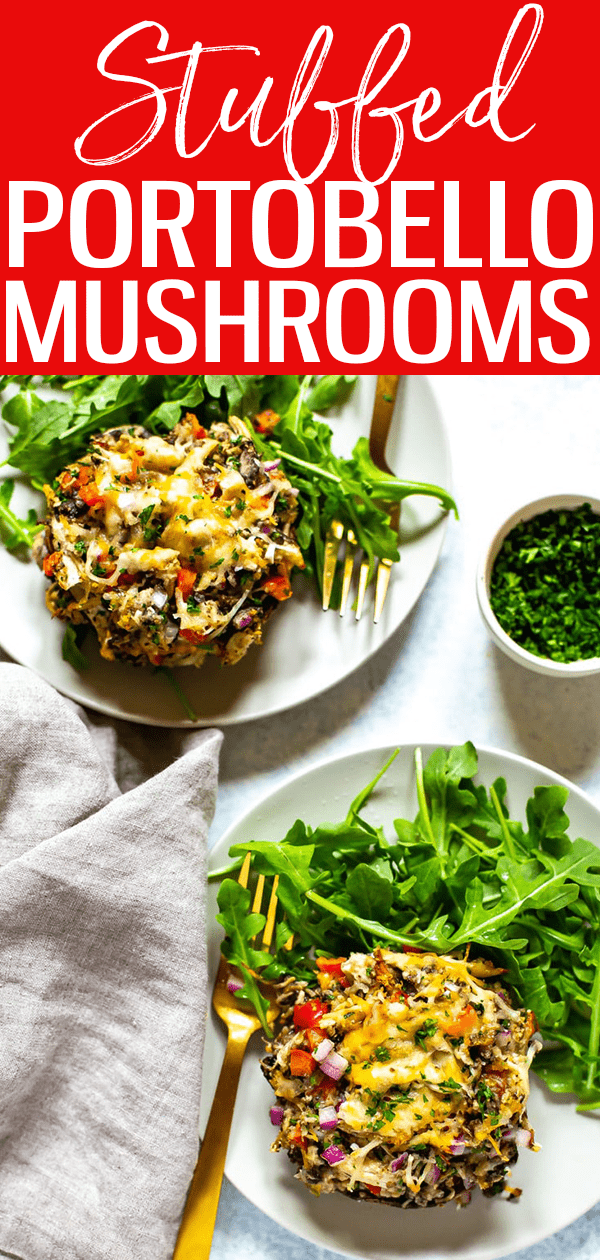 These Stuffed Portobello Mushrooms are the BEST EVER! With chicken, breadcrumbs, cheese & red pepper, this will become your go-to recipe. #stuffedmushrooms #portobellomushrooms
