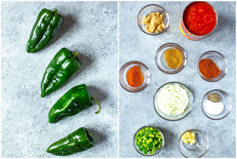 poblano peppers and ingredients to make a Chile Relleno recipe