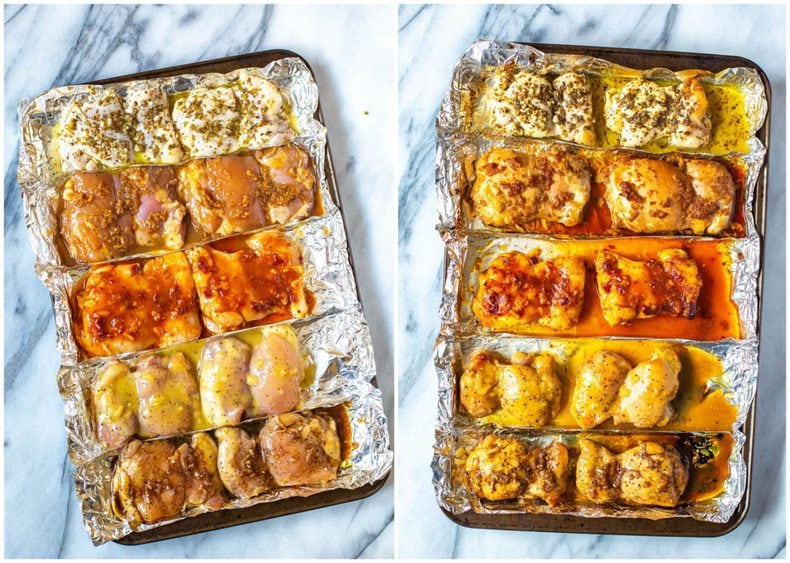 Delicious Chicken Thigh Marinades - 5 Ways. Image 1: raw thighs on a foil lined baking sheet. Image 2: cooked thighs on the foil lined sheet.