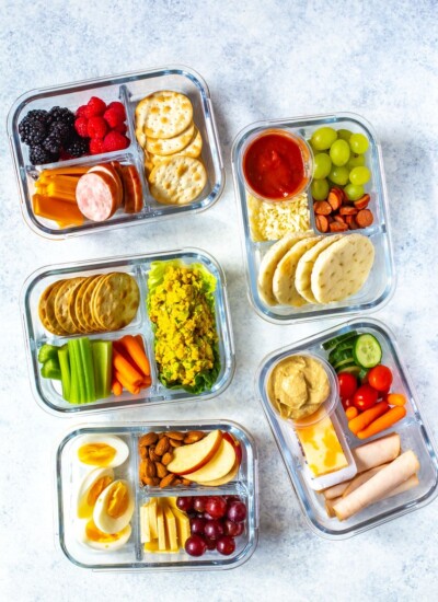 5 Healthy Bento Lunch Boxes all photographed on an angle, zoomed out