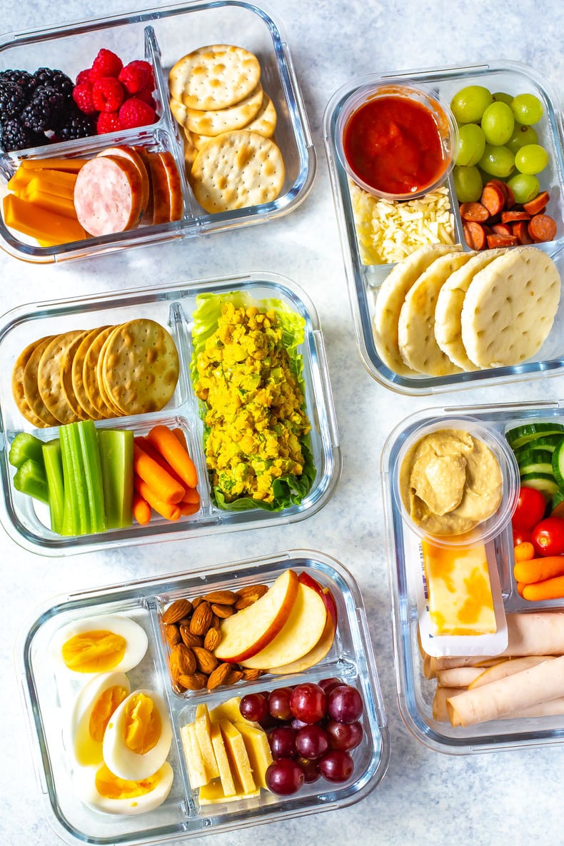 portable lunches with fresh fruit, vegetables, and deli meat