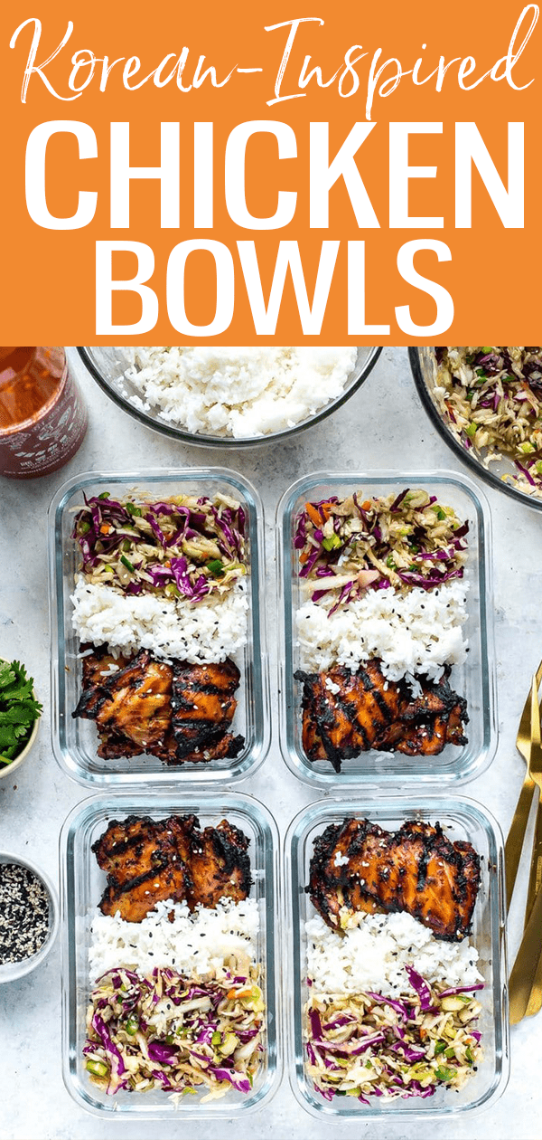 These Korean Inspired Chicken Meal Prep Bowls are a healthy make ahead lunch idea made up of chicken thighs, sesame coleslaw and jasmine rice! #koreanchicken #mealprep