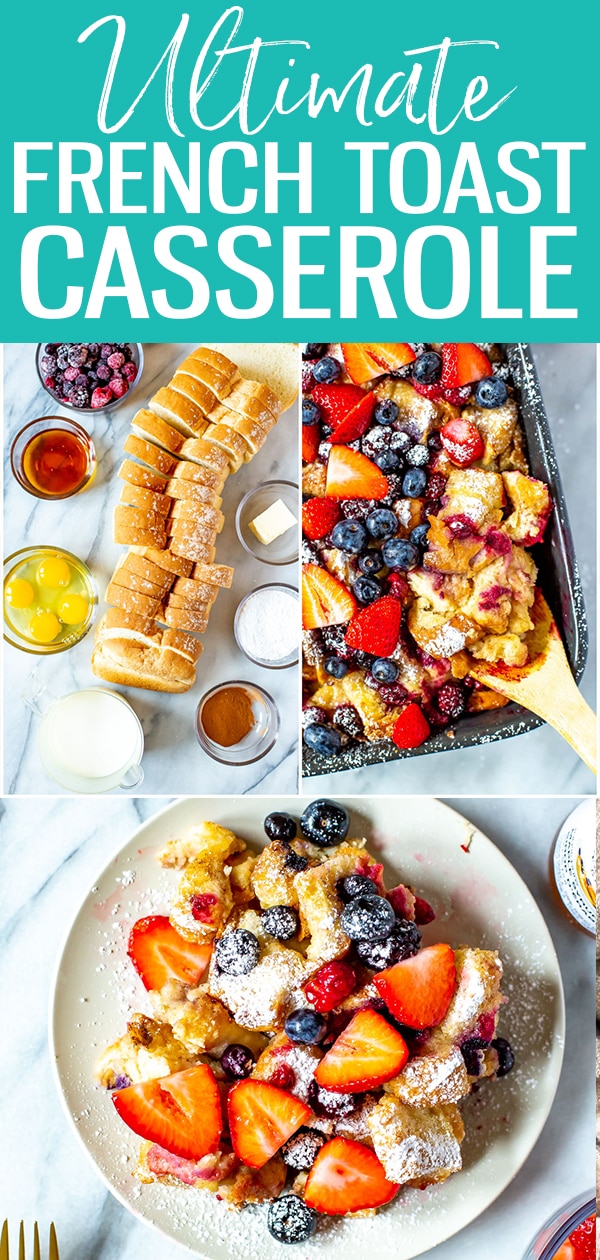 This Lighter French Toast Casserole can be stored overnight and cooked fresh in the morning - serve with berries and maple syrup for a delicious make ahead breakfast! #frenchtoast #casserole #breakfast