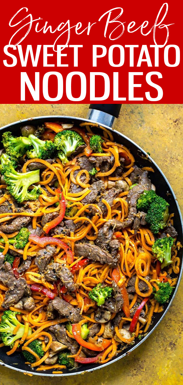 These 30-Minute Ginger Beef Sweet Potato Noodles are so delicious! Use spiralized sweet potato noodles for an easy low carb meal. #sweetpotatonoodles #stirfry