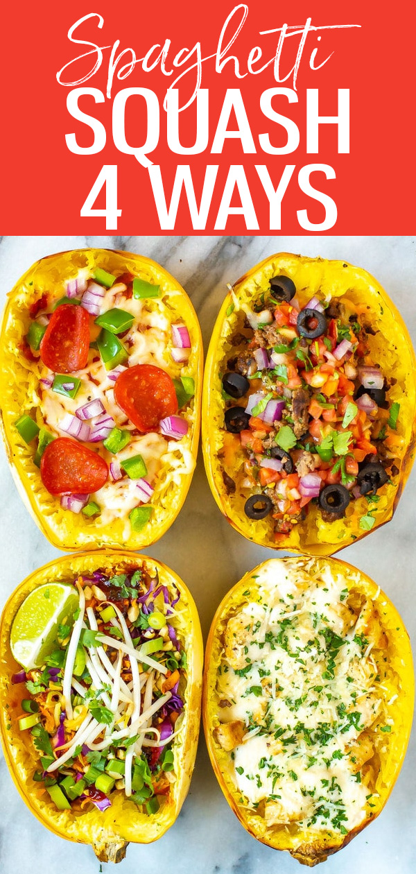 Learn How to Cook Spaghetti Squash with this foolproof method. Try 4 flavours including pizza, Pad Thai, chicken alfredo and taco. #spaghettisquash #lowcarb #fallrecipes