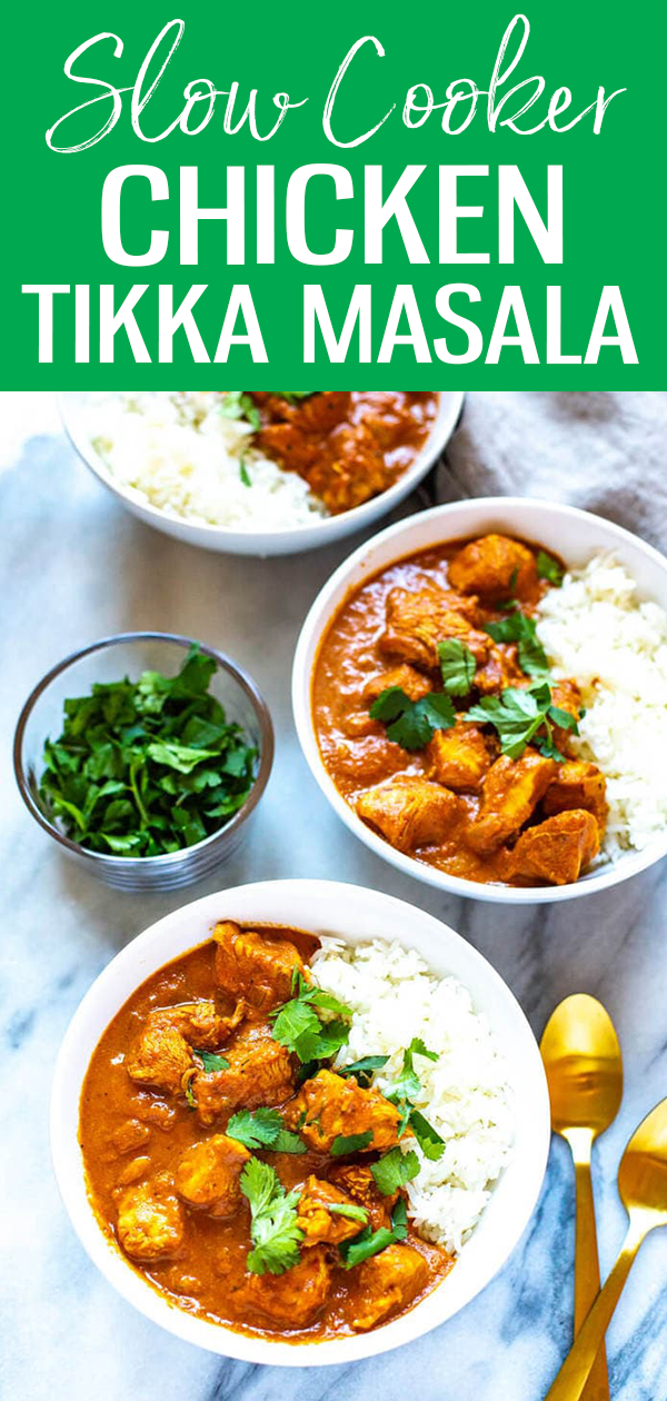 Slow Cooker Chicken Tikka Masala cooks all day on low so you can enjoy a tasty curry after a long day without all the legwork! #chickentikkamasala #slowcooker