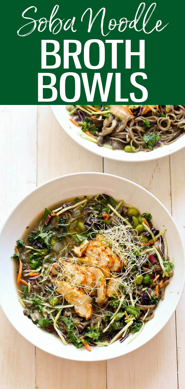 These Soba Noodle Broth Bowls are a tasty Panera Bread copycat. They’re so easy to make at home with kale slaw and chicken! #panerabread #brothbowls #sobanoodles