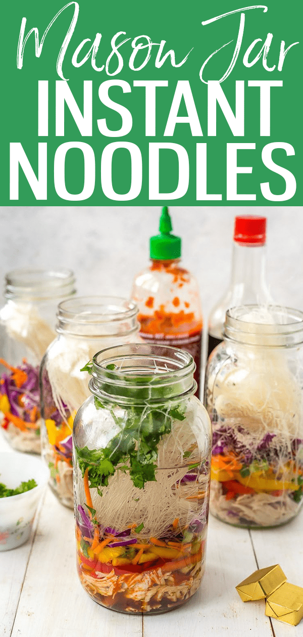 These Mason Jar Instant Noodle Soups are the perfect on-the-go work lunch and packed full of raw veggies, quick-cook vermicelli noodles & shredded chicken! #InstantNoodles #MasonJar