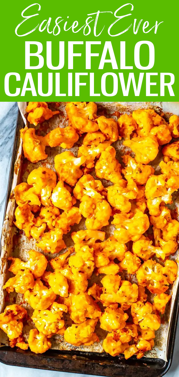 This is the Easiest Ever Buffalo Cauliflower recipe – these cute bites are a great appetizer for game day and are made healthier in the oven! #buffalocauliflower #buffalosauce