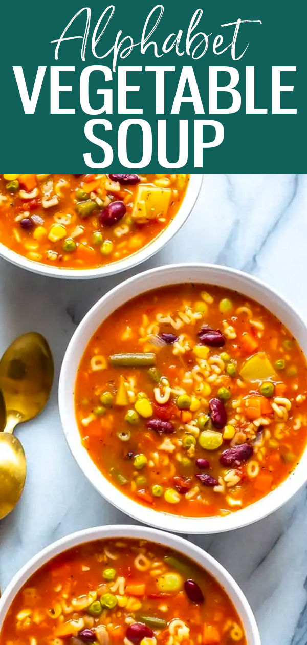 Homemade Alphabet Vegetable Soup is a delicious spin on your fave canned soup - it's also freezer-friendly and ready in 30 minutes! #alphabetsoup #vegetablesoup