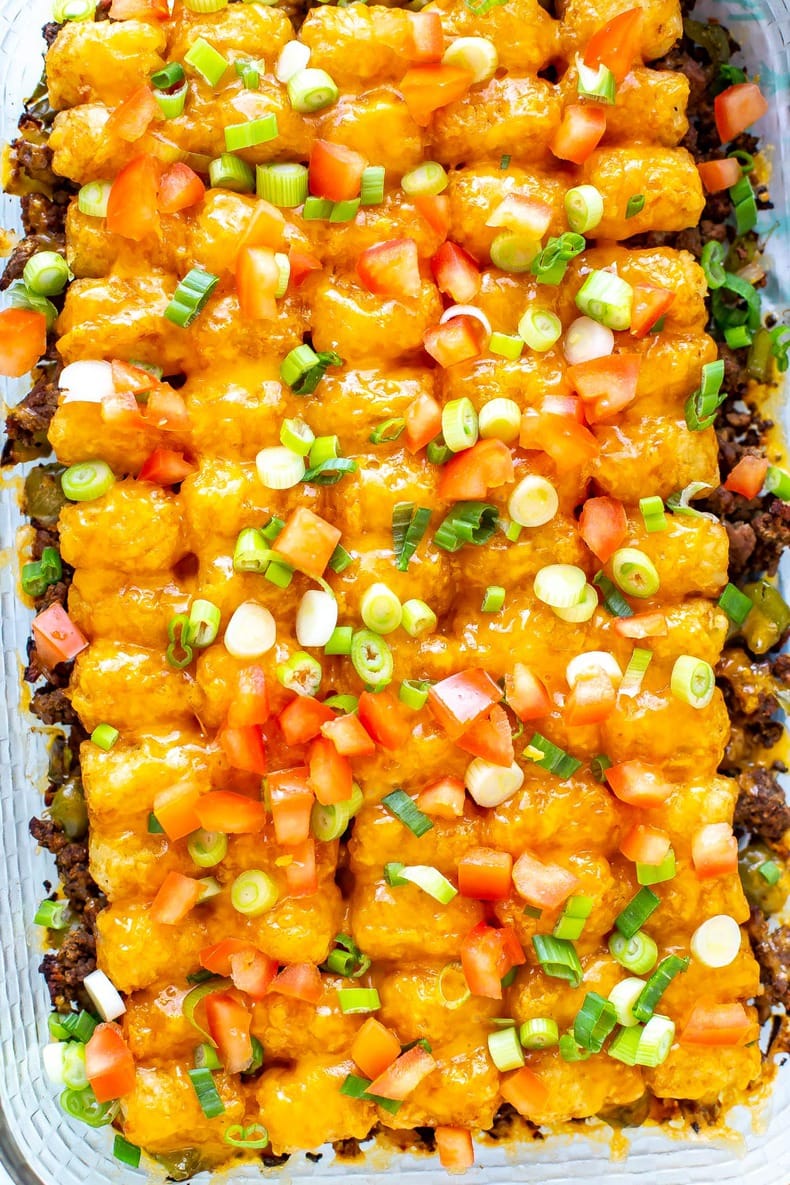 Close up of Cheeseburger Tater Tot Casserole in 9x13 dish