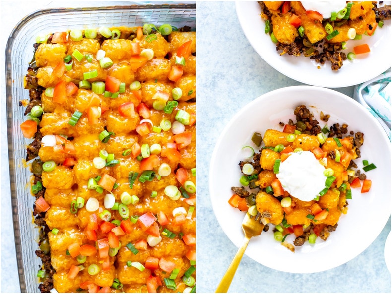 Photo collage of cheeseburger tater tot casserole with plated dish with sour cream on top