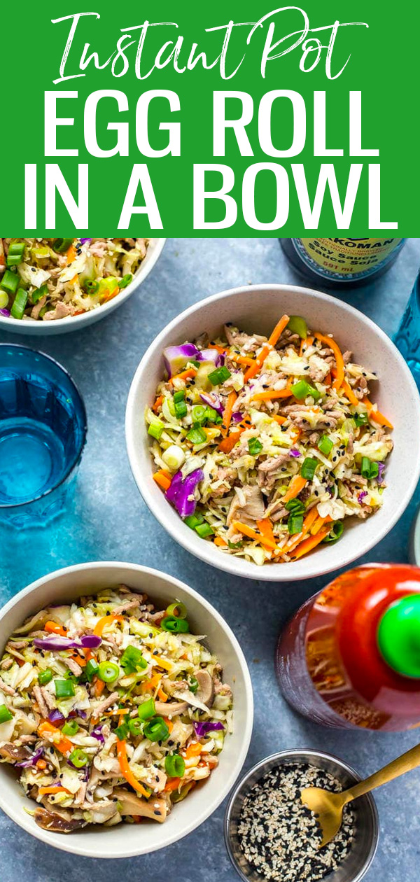 This Instant Pot Egg Roll in a Bowl is a delicious low-carb take on your favourite takeout dish with ground chicken and cabbage. #eggrollbowls #instantpot