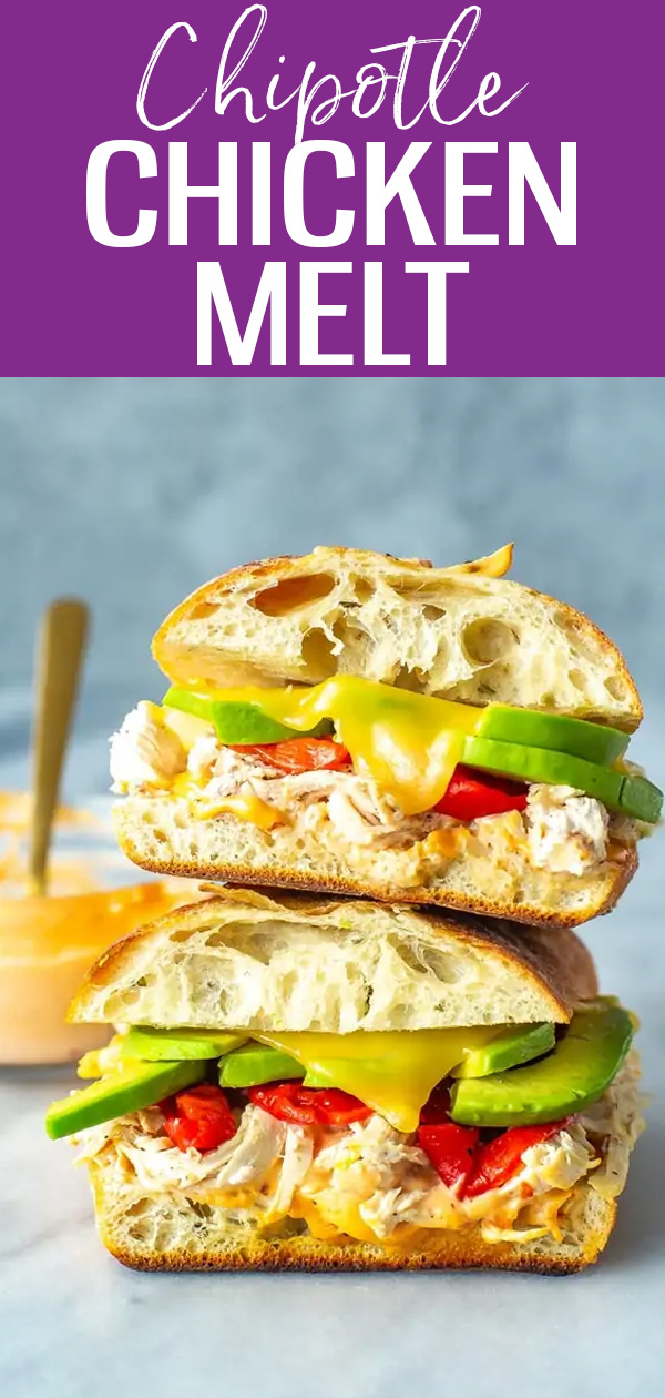 This Chipotle Chicken Avocado Melt tastes exactly like the Panera version, complete with focaccia, smoked Gouda and roasted red peppers. #panerabread #avocadomelt