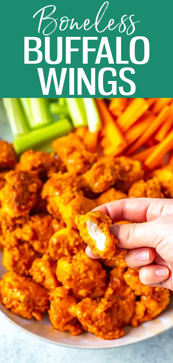 These Buffalo-BBQ Boneless Wings are the perfect restaurant copycat. Make them in the Air Fryer or on the stovetop in less than 30 minutes! #bonelesswings #buffalowings