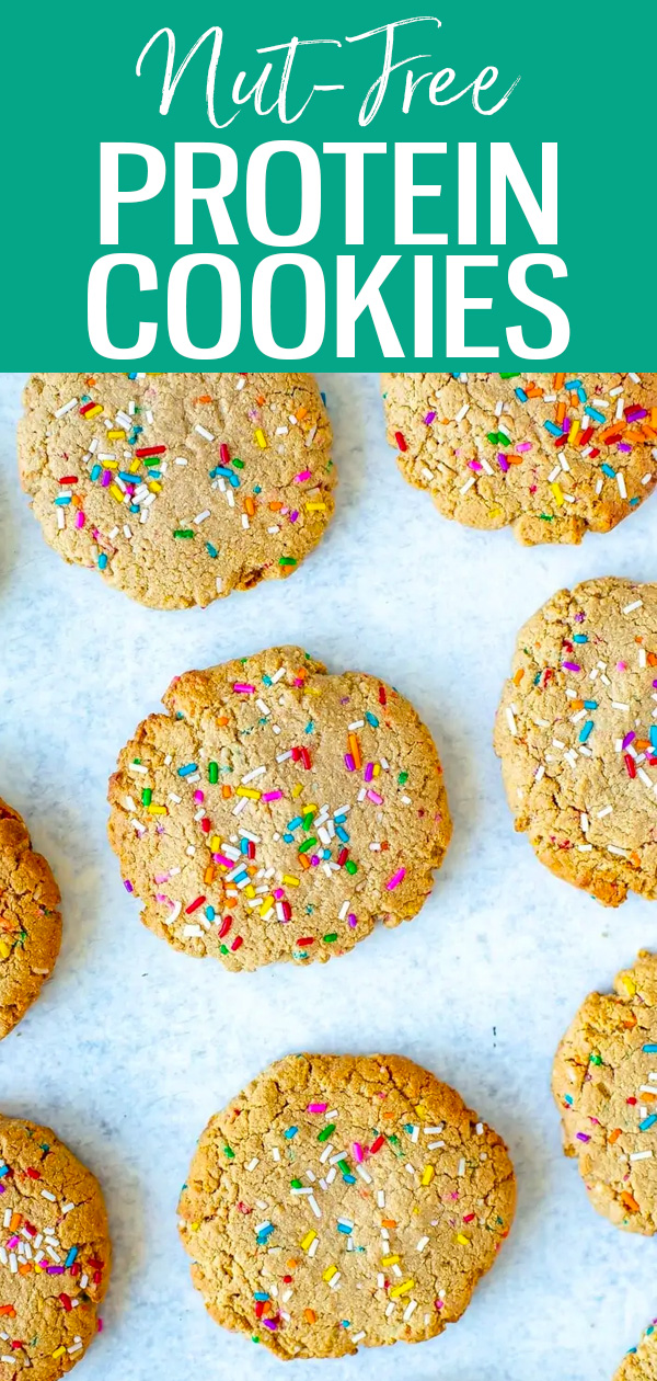 These Nut-Free Funfetti Protein Cookies are a healthier version of your favourite dessert with no flour – all you need are five ingredients! #funfetti #nutfree #proteincookies